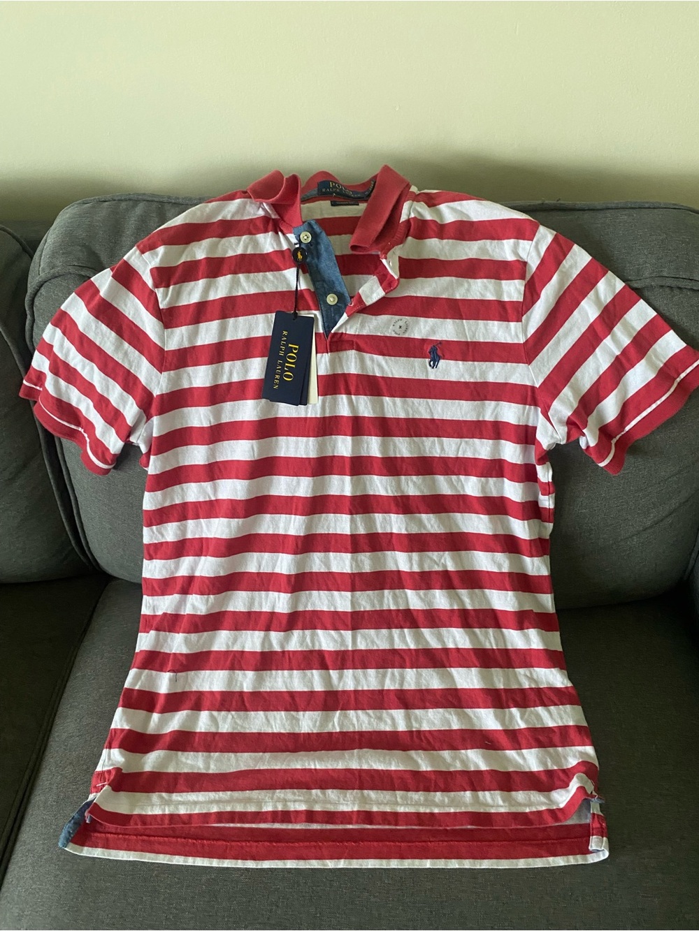 Polo by Ralph Lauren Red & White Striped Polo with Navy Logo